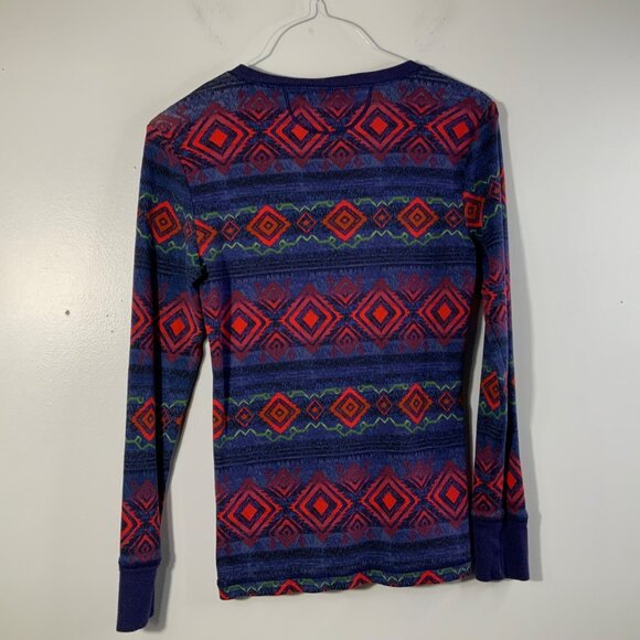 Womens Vintage LRL 1/2 Button Aztec Print Tee Shirt Long Sleeve XS Blue Red Gree - Picture 2 of 3
